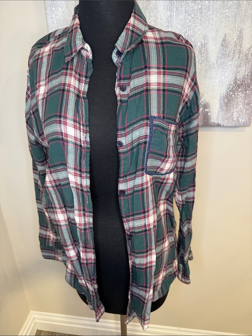 Green Plaid Button-Up Shirt with Red & White Accents